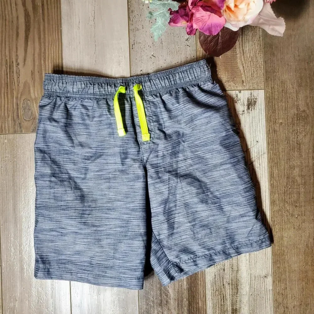 Wonder Nation Size Small 6-7 Boys Swim Trunks Board Shorts EUC Gray Lime Green